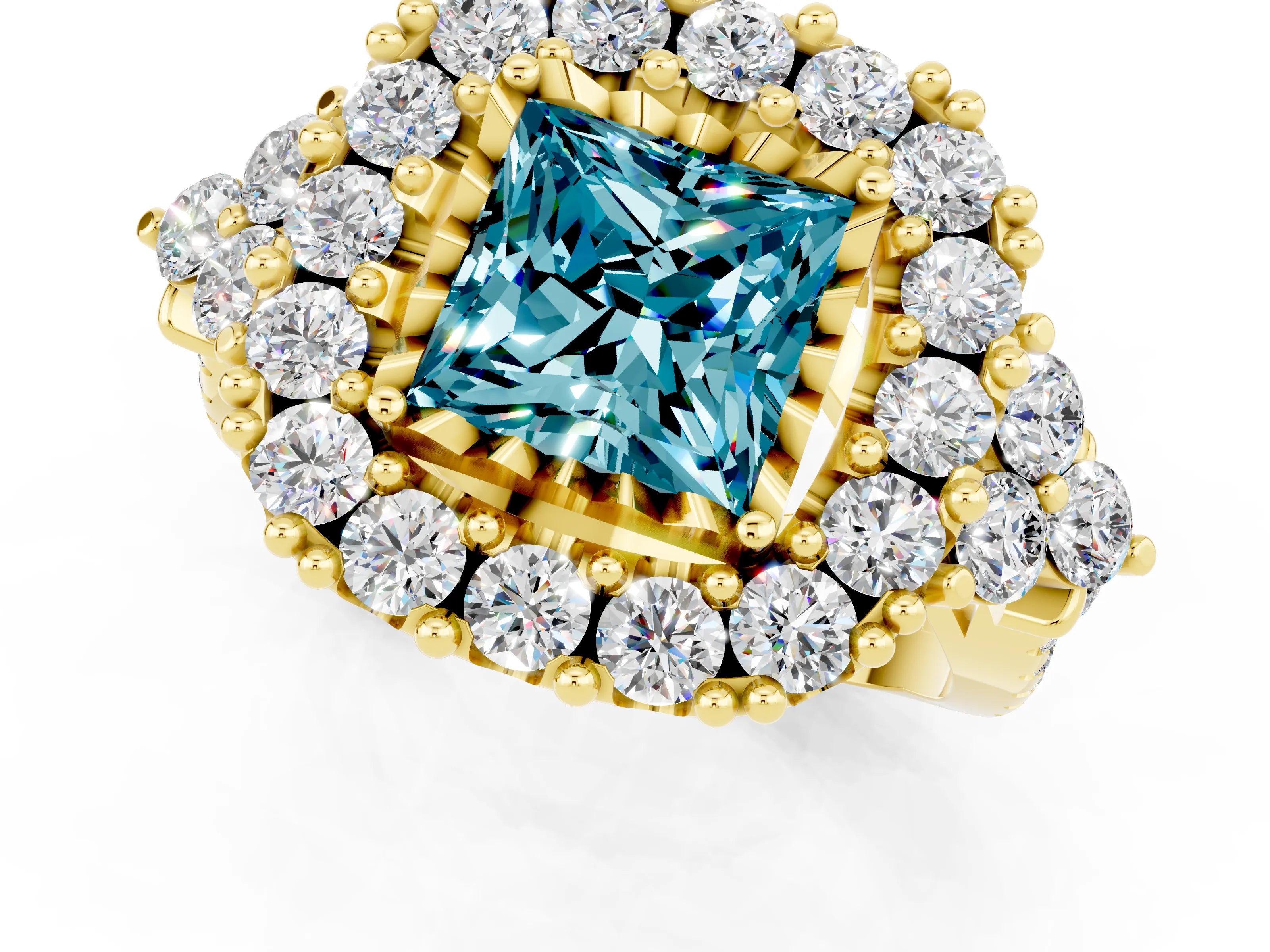 Yellow gold Princess Cut Blue Topaz Halo Ring with Pavé Band and Four-Prong Setting_13