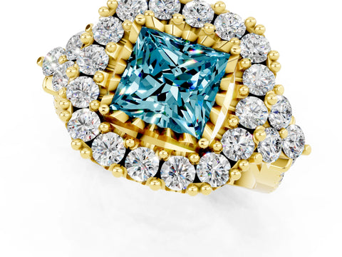 Yellow gold Princess Cut Blue Topaz Halo Ring with Pavé Band and Four-Prong Setting_13