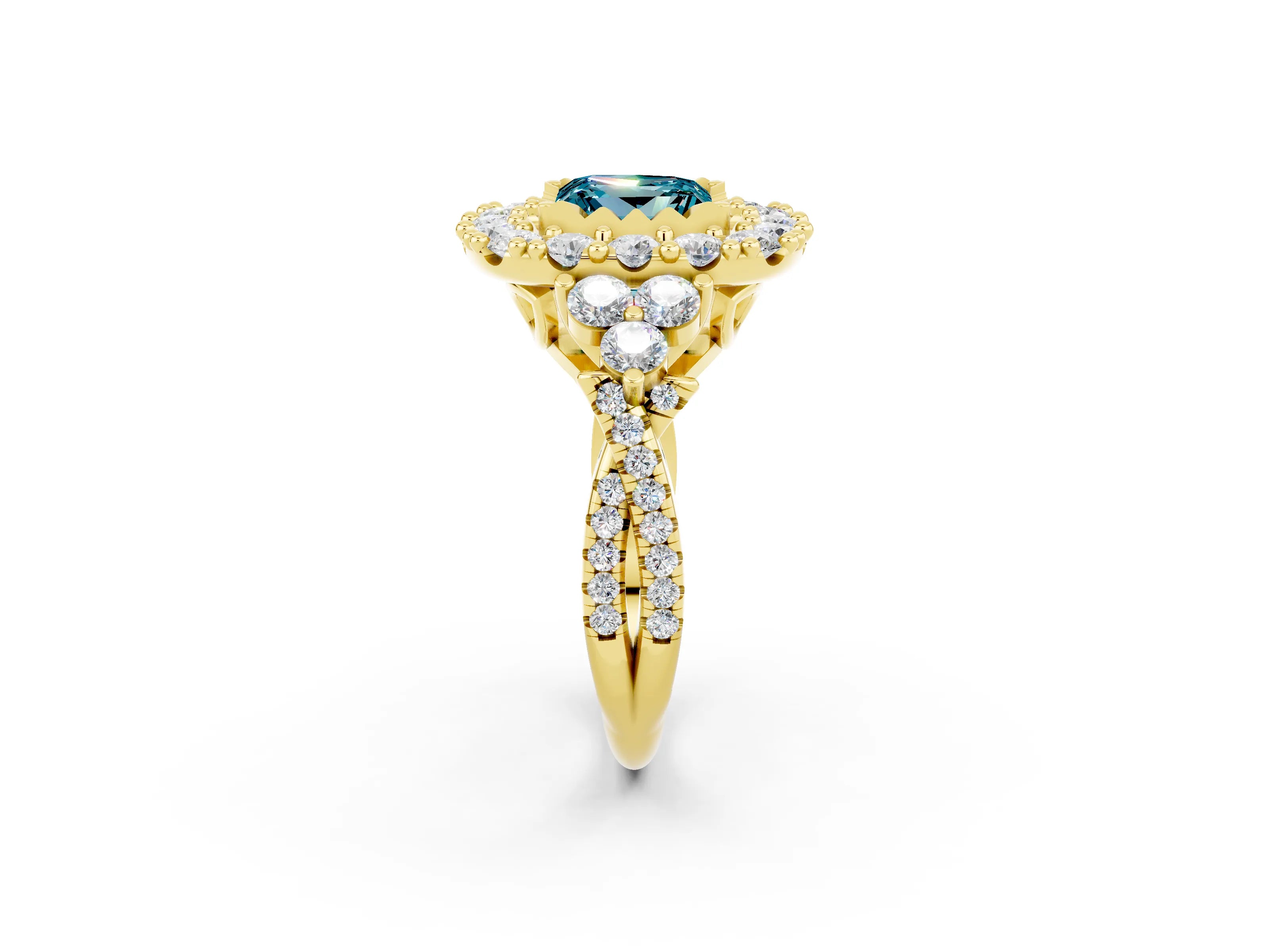 Yellow gold Princess Cut Blue Topaz Halo Ring with Pavé Band and Four-Prong Setting_14