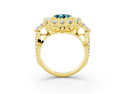Yellow gold Princess Cut Blue Topaz Halo Ring with Pavé Band and Four-Prong Setting_15
