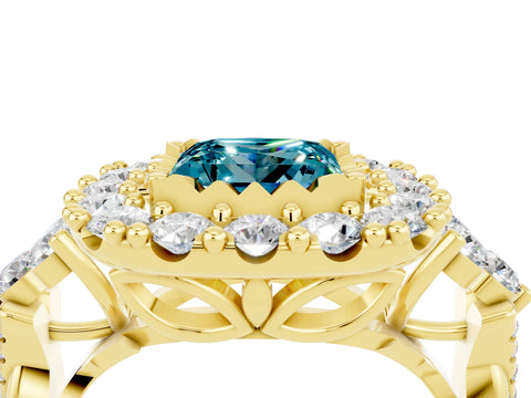 Yellow gold Princess Cut Blue Topaz Halo Ring with Pavé Band and Four-Prong Setting_16