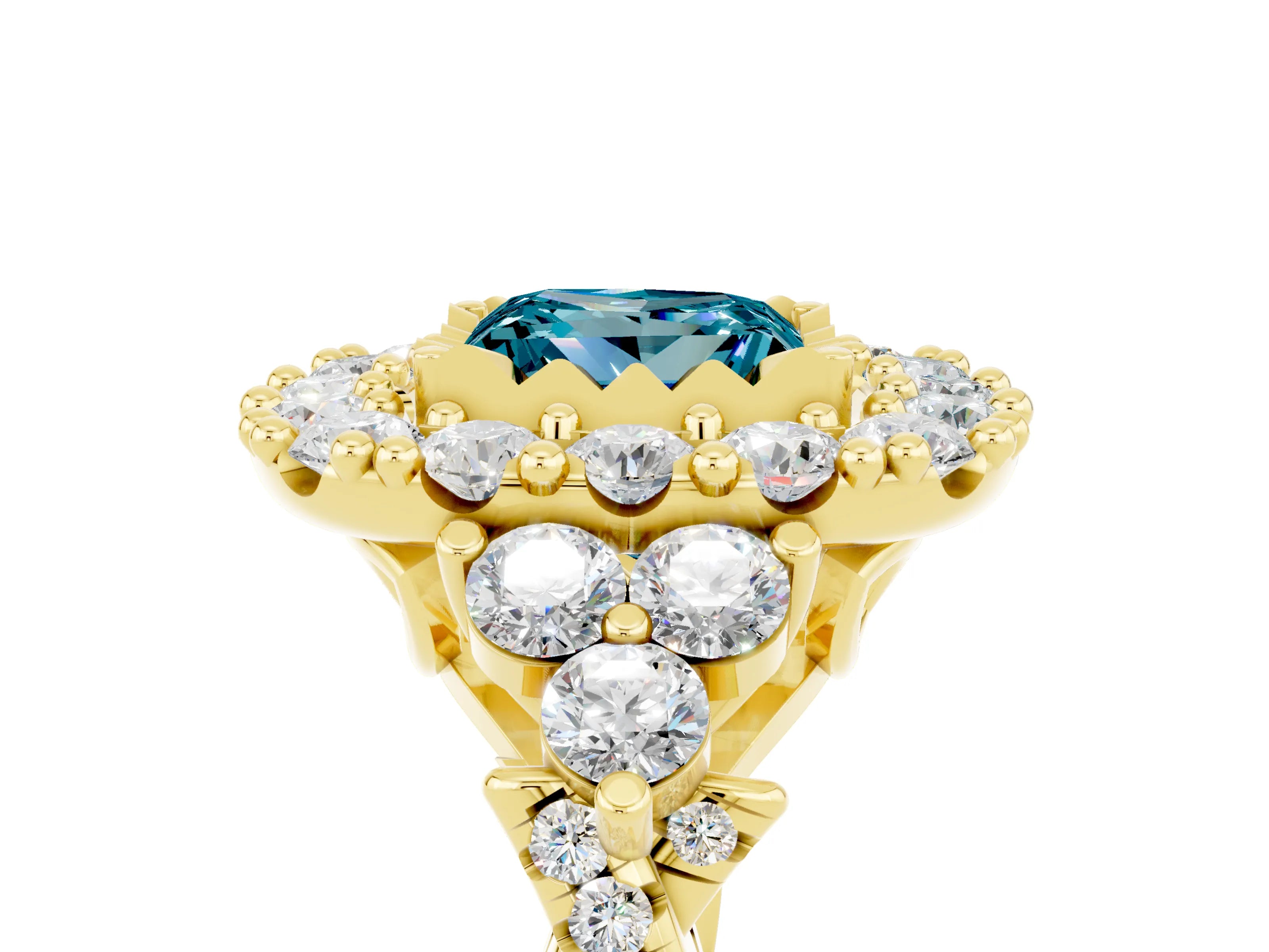 Yellow gold Princess Cut Blue Topaz Halo Ring with Pavé Band and Four-Prong Setting_17