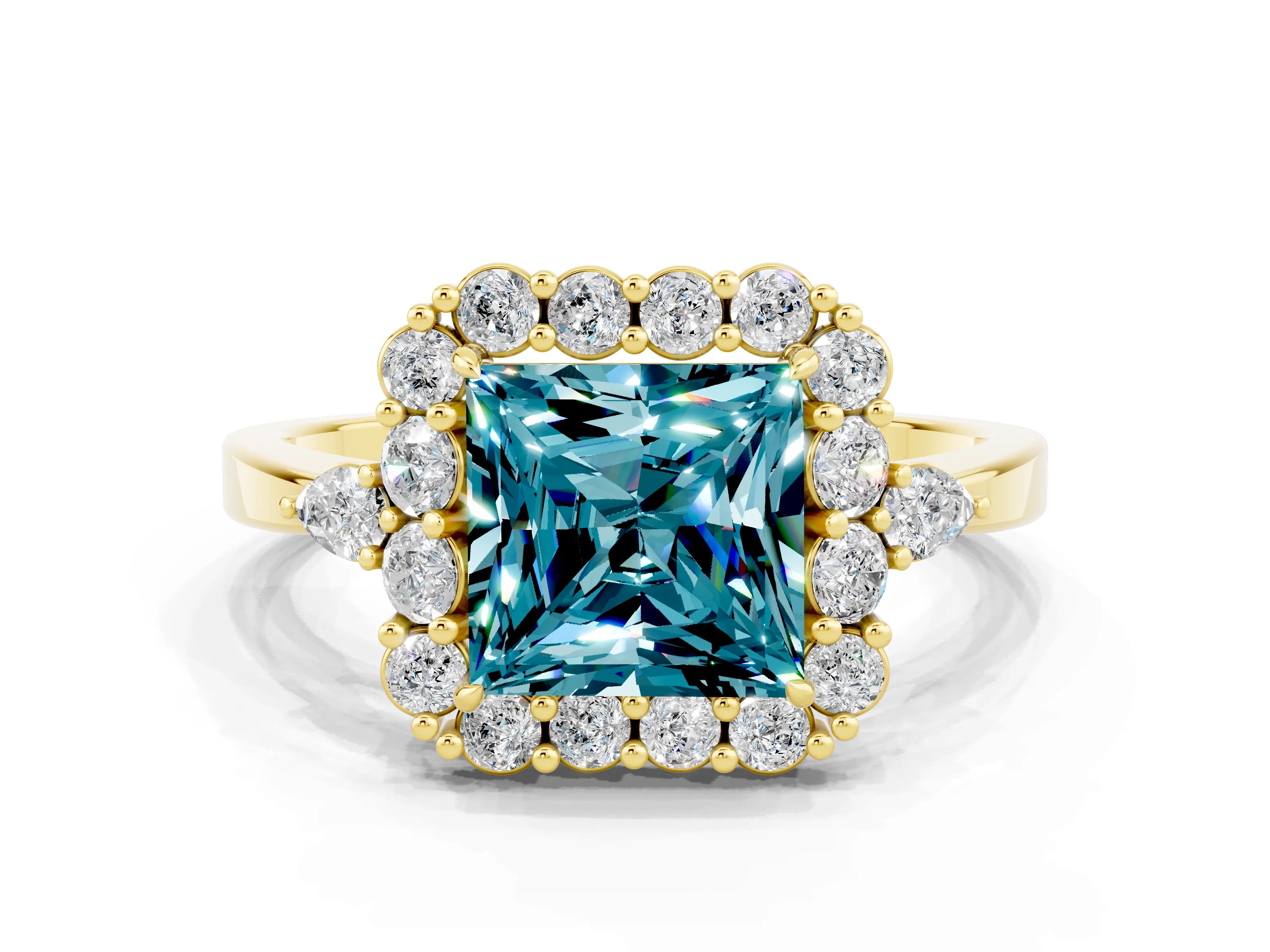 Yellow gold Princess Cut Blue Topaz Halo Ring with Pear Side Stones and Prong Setting_12