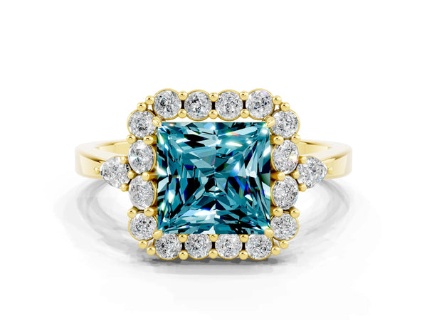 Yellow gold Princess Cut Blue Topaz Halo Ring with Pear Side Stones and Prong Setting