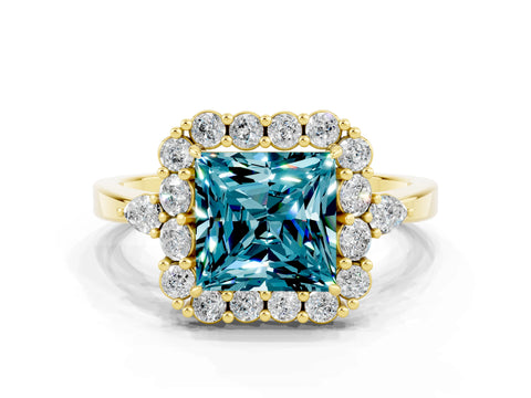Yellow gold Princess Cut Blue Topaz Halo Ring with Pear Side Stones and Prong Setting_12