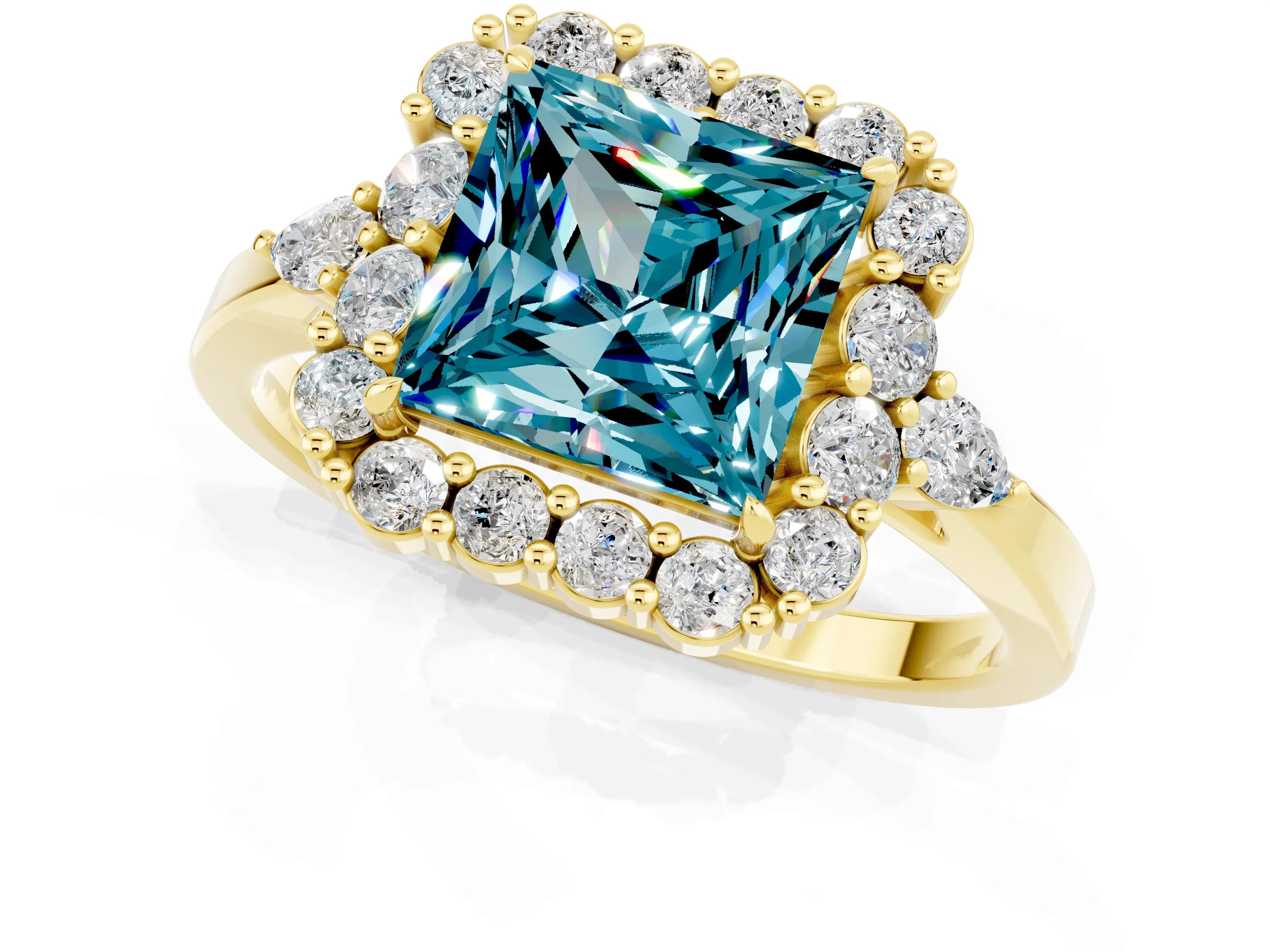 Yellow gold Princess Cut Blue Topaz Halo Ring with Pear Side Stones and Prong Setting_13