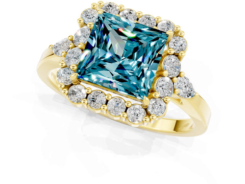 Yellow gold Princess Cut Blue Topaz Halo Ring with Pear Side Stones and Prong Setting_13