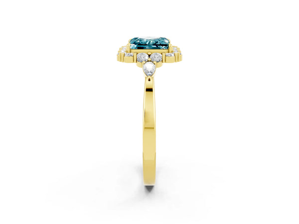 Yellow gold Princess Cut Blue Topaz Halo Ring with Pear Side Stones and Prong Setting