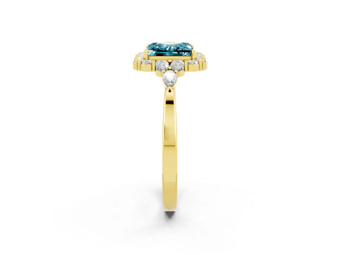 Yellow gold Princess Cut Blue Topaz Halo Ring with Pear Side Stones and Prong Setting_14