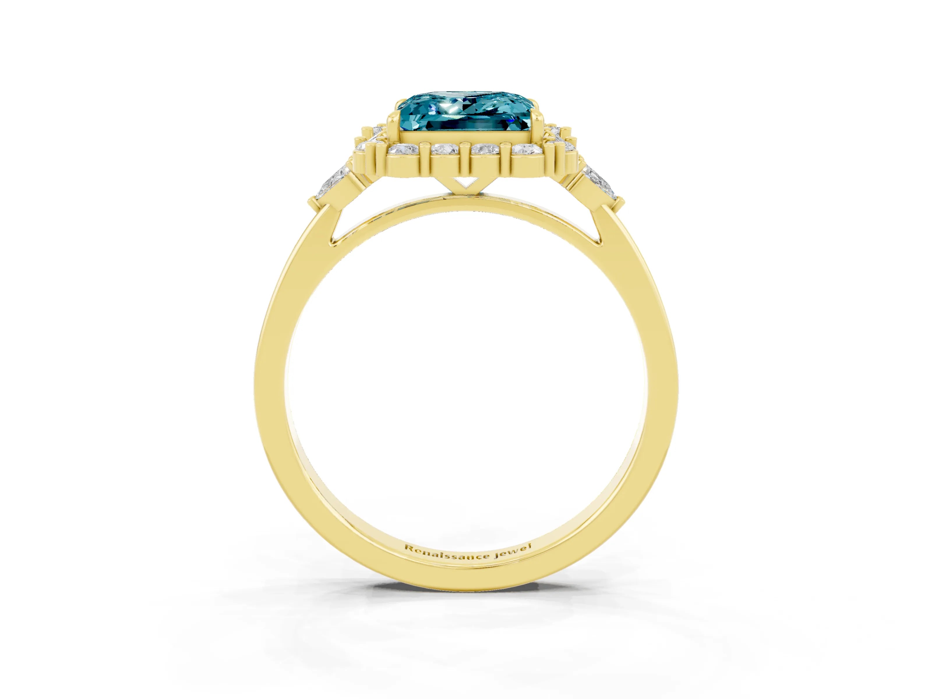 Yellow gold Princess Cut Blue Topaz Halo Ring with Pear Side Stones and Prong Setting_15