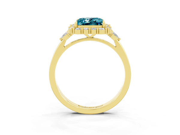 Yellow gold Princess Cut Blue Topaz Halo Ring with Pear Side Stones and Prong Setting