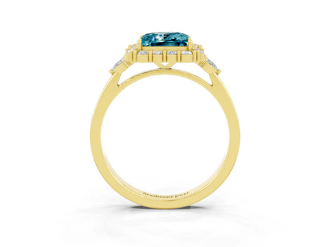 Yellow gold Princess Cut Blue Topaz Halo Ring with Pear Side Stones and Prong Setting_15