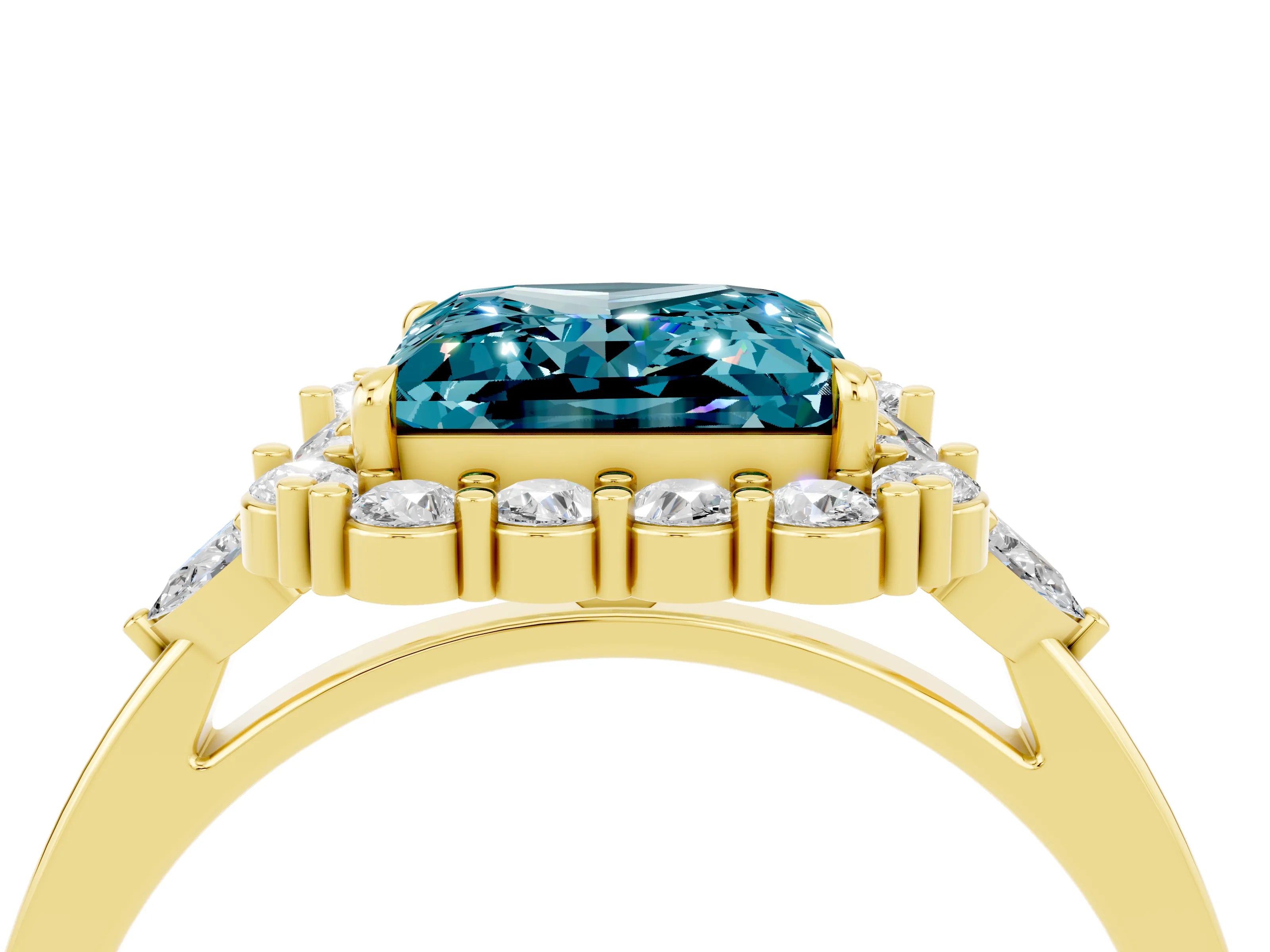 Yellow gold Princess Cut Blue Topaz Halo Ring with Pear Side Stones and Prong Setting_16