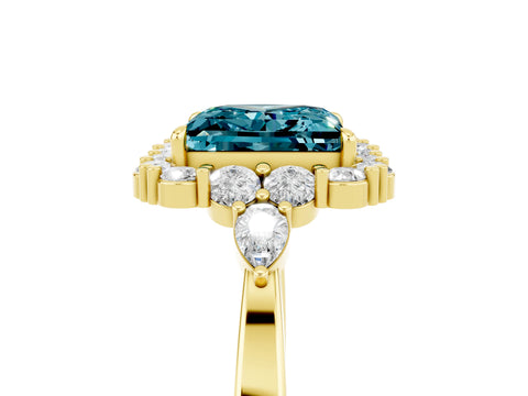 Yellow gold Princess Cut Blue Topaz Halo Ring with Pear Side Stones and Prong Setting_17
