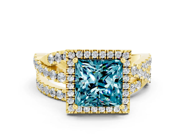 Yellow gold Princess Cut Blue Topaz Halo Ring with Round Split Shank and Prong Setting