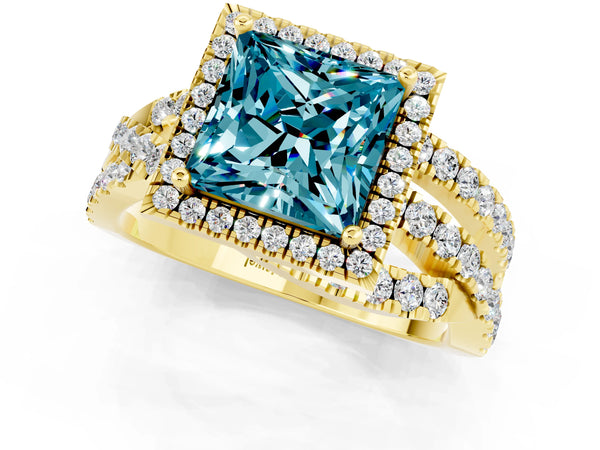Yellow gold Princess Cut Blue Topaz Halo Ring with Round Split Shank and Prong Setting