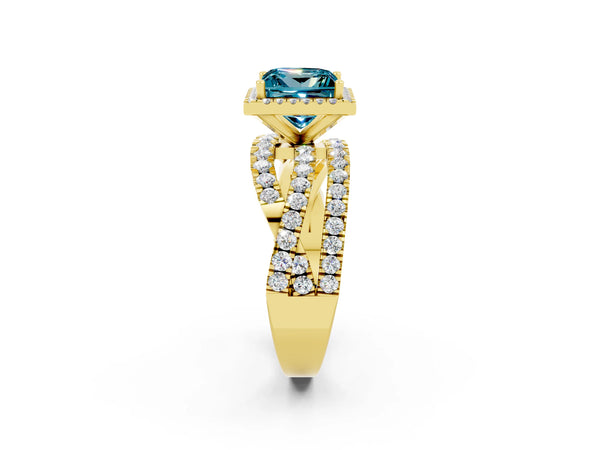 Yellow gold Princess Cut Blue Topaz Halo Ring with Round Split Shank and Prong Setting