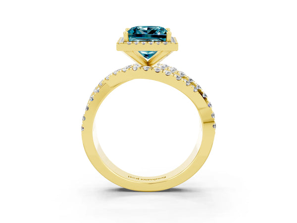 Yellow gold Princess Cut Blue Topaz Halo Ring with Round Split Shank and Prong Setting