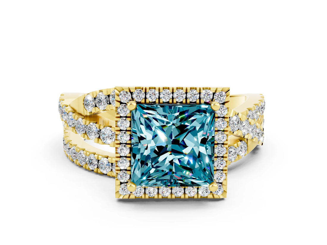 Yellow gold Princess Cut Blue Topaz Halo Ring with Round Split Shank and Prong Setting_48