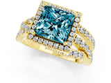 Yellow gold Princess Cut Blue Topaz Halo Ring with Round Split Shank and Prong Setting_49