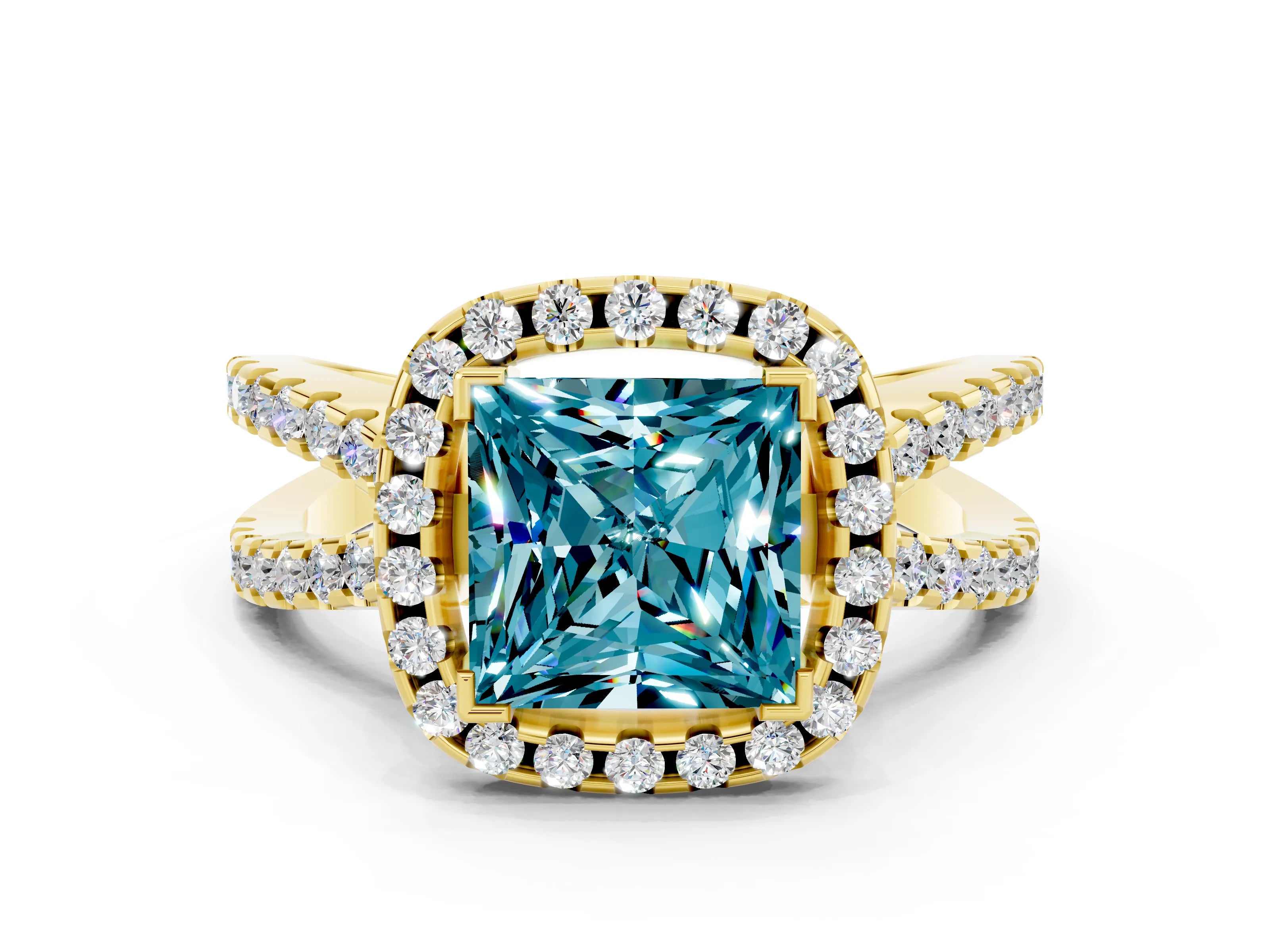 Yellow gold Princess Cut Blue Topaz Halo Ring with Split Shank Pavé Band and Prong Setting