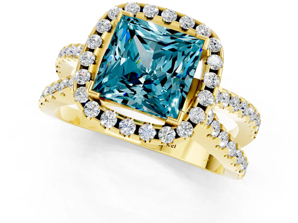 Yellow gold Princess Cut Blue Topaz Halo Ring with Split Shank Pavé Band and Prong Setting
