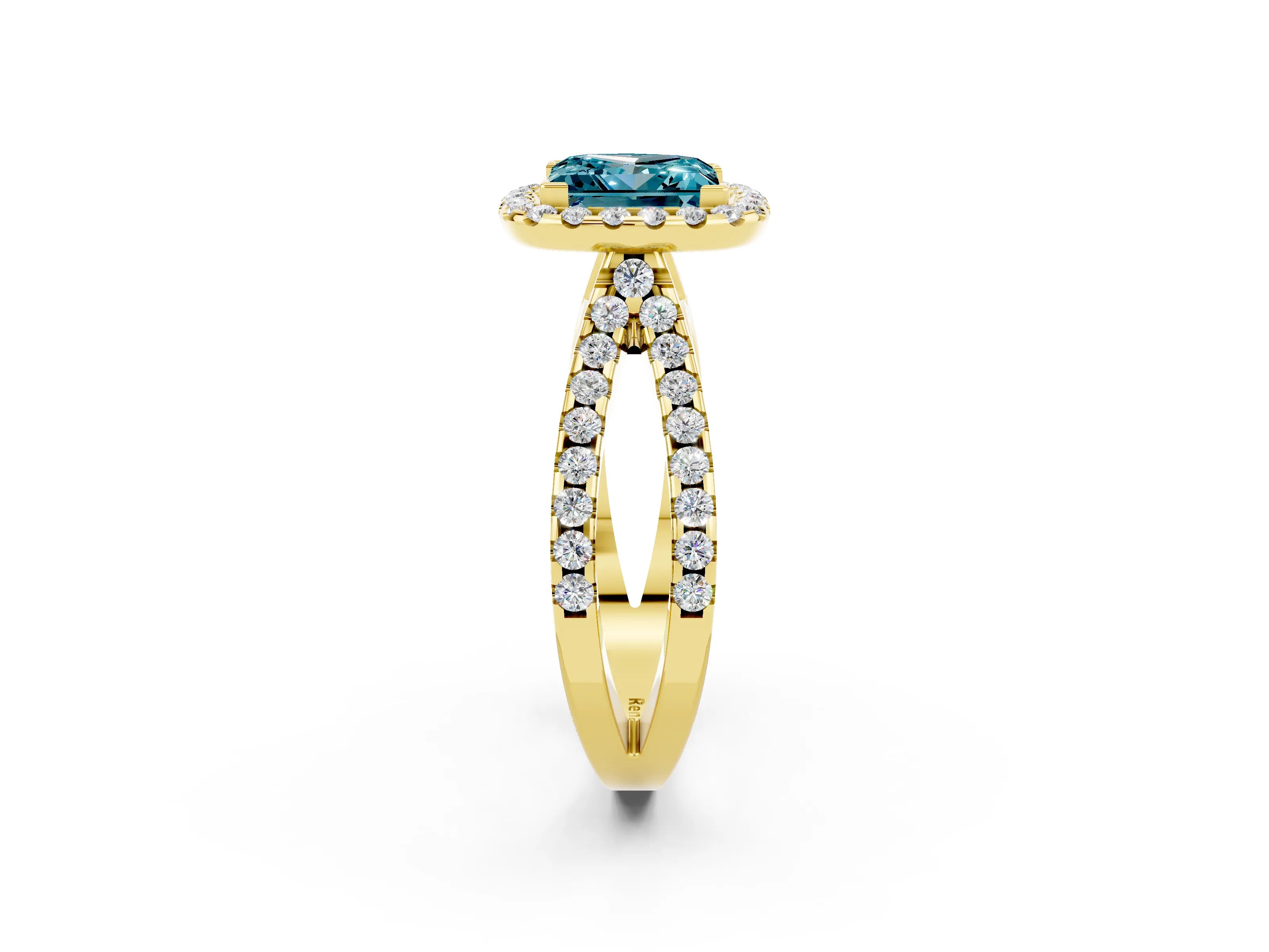 Yellow gold Princess Cut Blue Topaz Halo Ring with Split Shank Pavé Band and Prong Setting_2