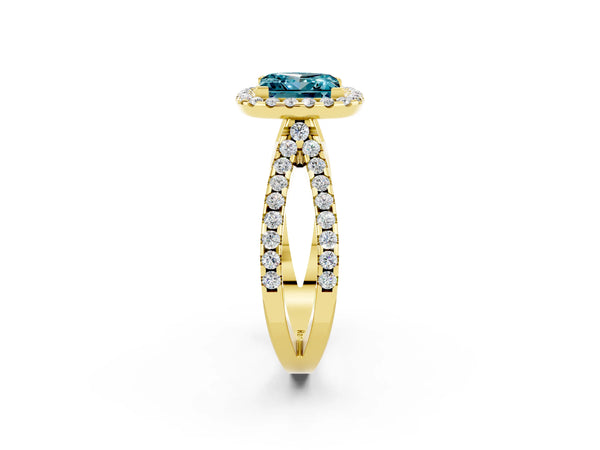 Yellow gold Princess Cut Blue Topaz Halo Ring with Split Shank Pavé Band and Prong Setting