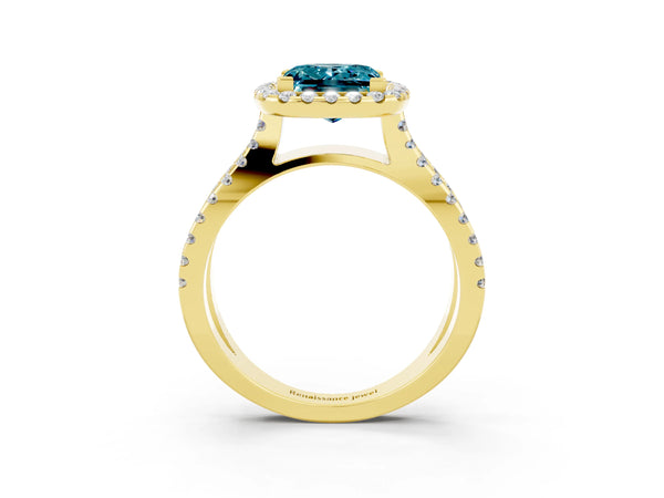 Yellow gold Princess Cut Blue Topaz Halo Ring with Split Shank Pavé Band and Prong Setting