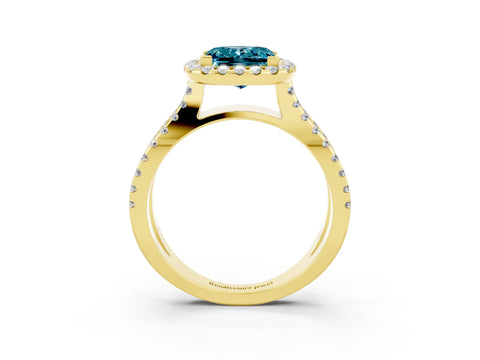 Yellow gold Princess Cut Blue Topaz Halo Ring with Split Shank Pavé Band and Prong Setting_3