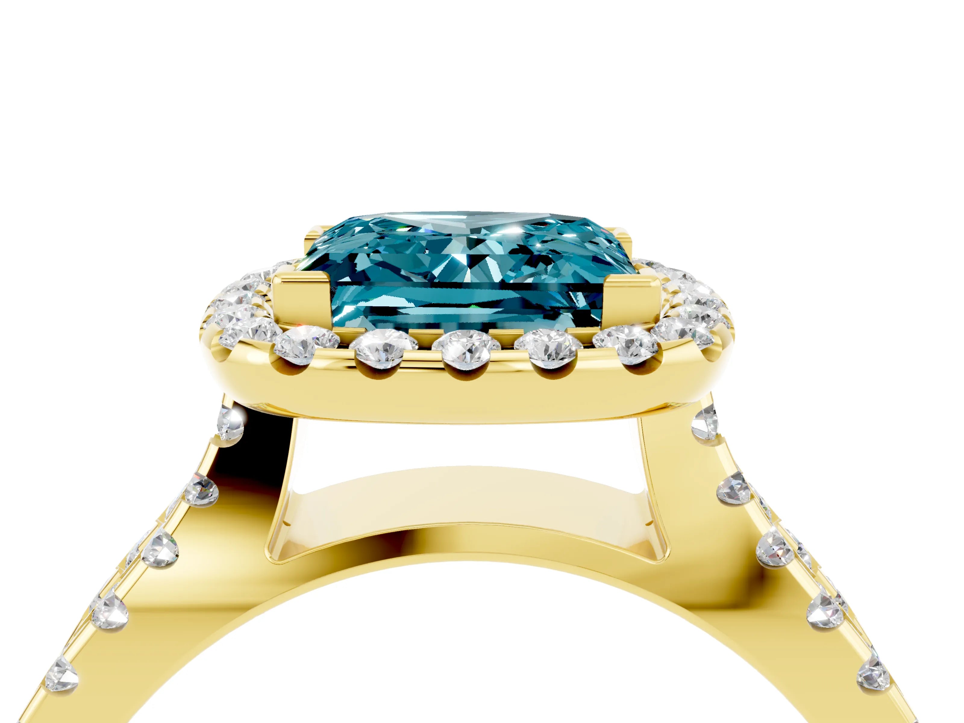 Yellow gold Princess Cut Blue Topaz Halo Ring with Split Shank Pavé Band and Prong Setting_4