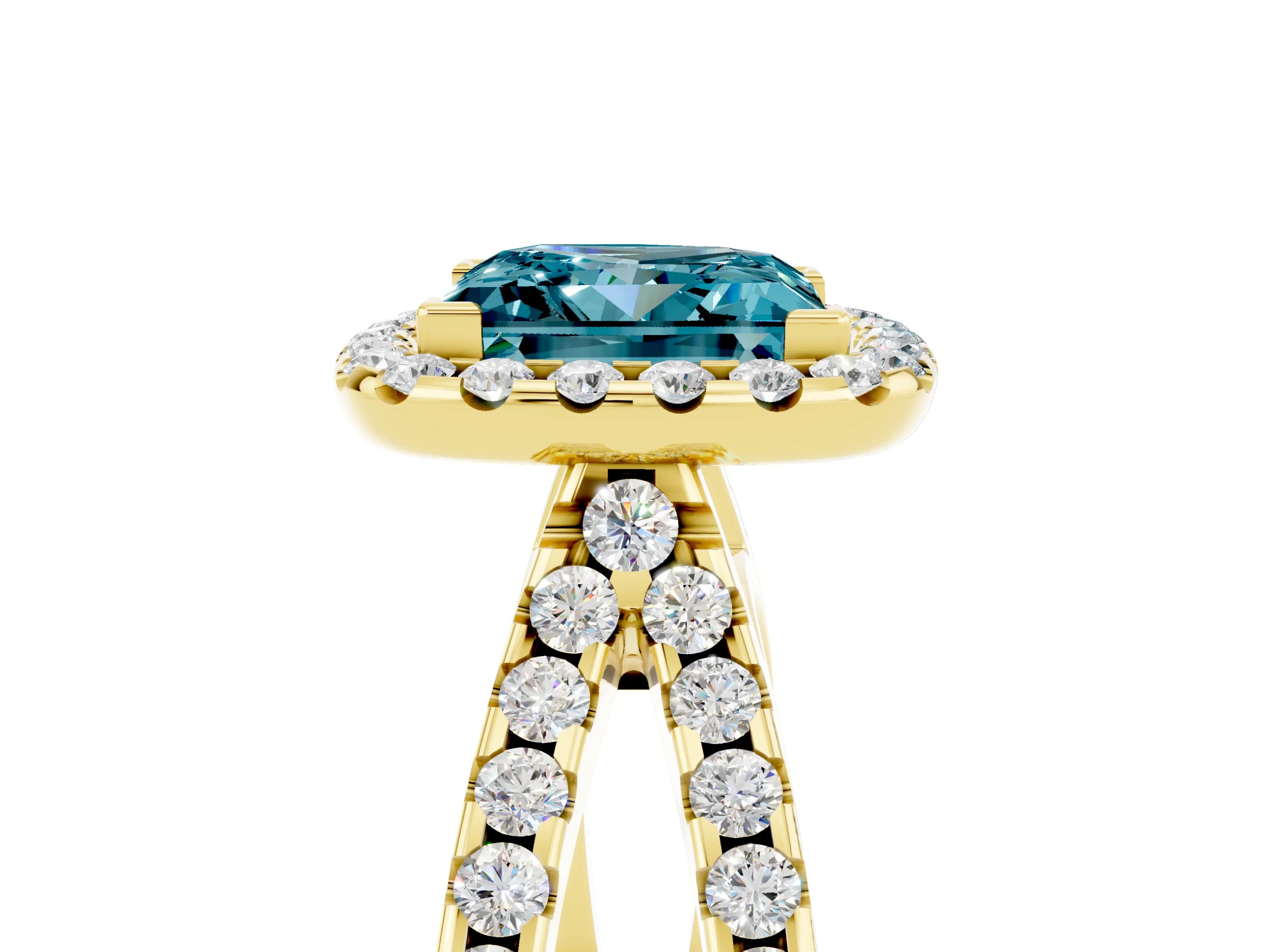 Yellow gold Princess Cut Blue Topaz Halo Ring with Split Shank Pavé Band and Prong Setting_5