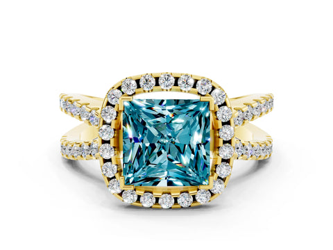 Yellow gold Princess Cut Blue Topaz Halo Ring with Split Shank Pavé Band and Prong Setting