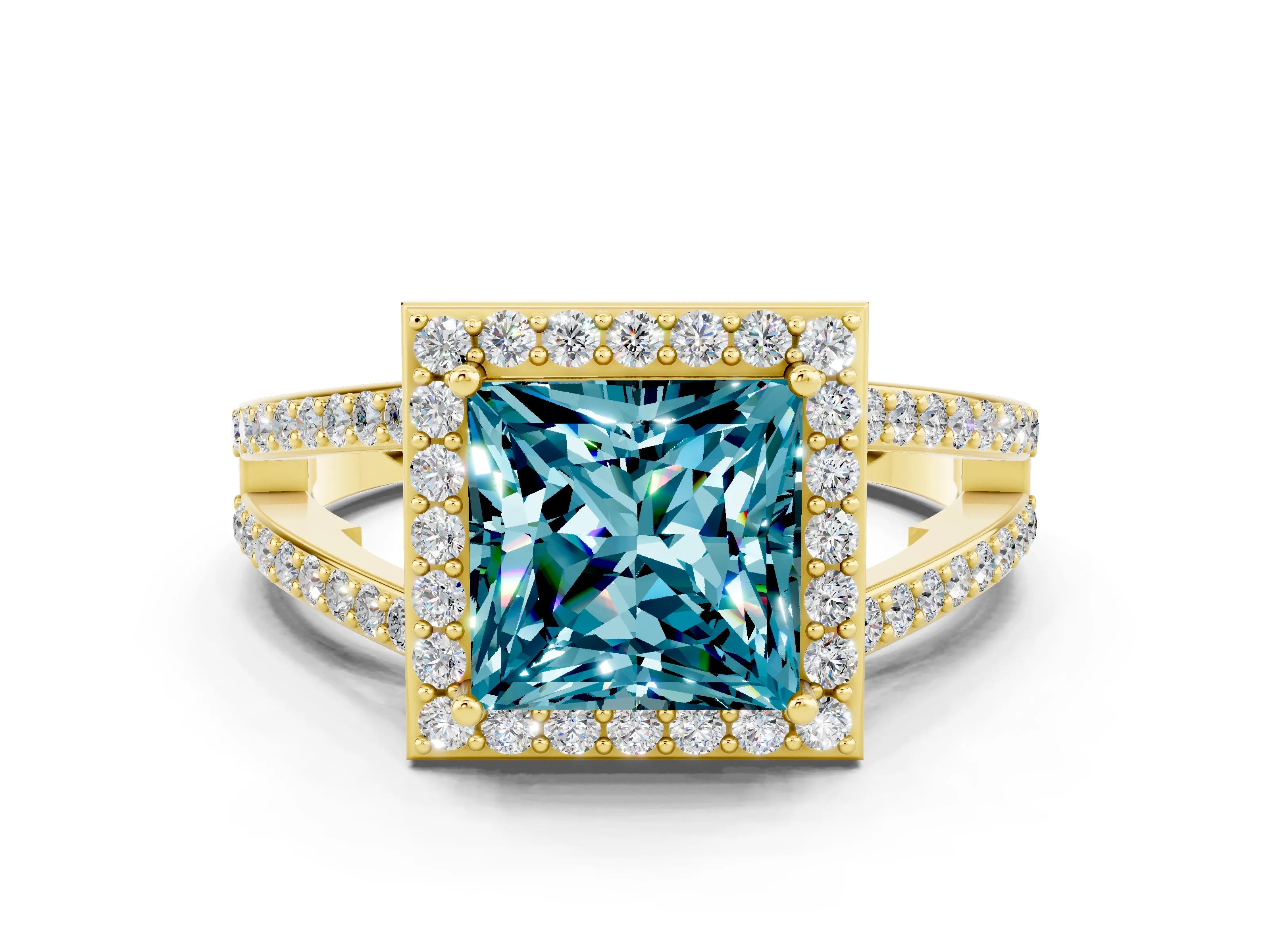 Yellow gold Princess Cut Blue Topaz Halo Ring with Split Shank U-Prong Band and Four-Prong Setting