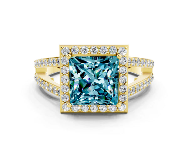 Yellow gold Princess Cut Blue Topaz Halo Ring with Split Shank U-Prong Band and Four-Prong Setting