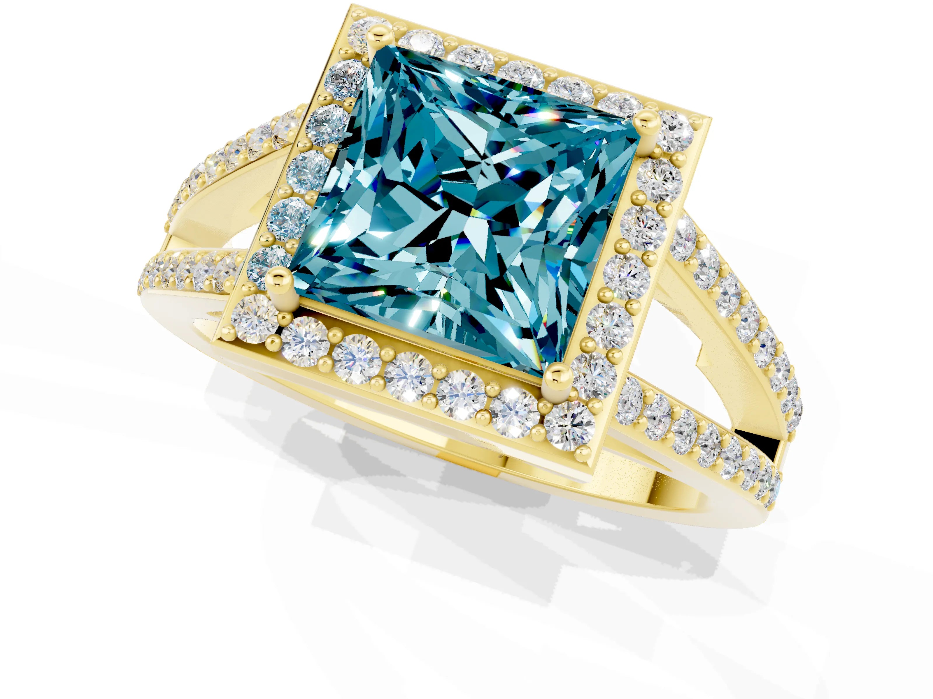Yellow gold Princess Cut Blue Topaz Halo Ring with Split Shank U-Prong Band and Four-Prong Setting_1