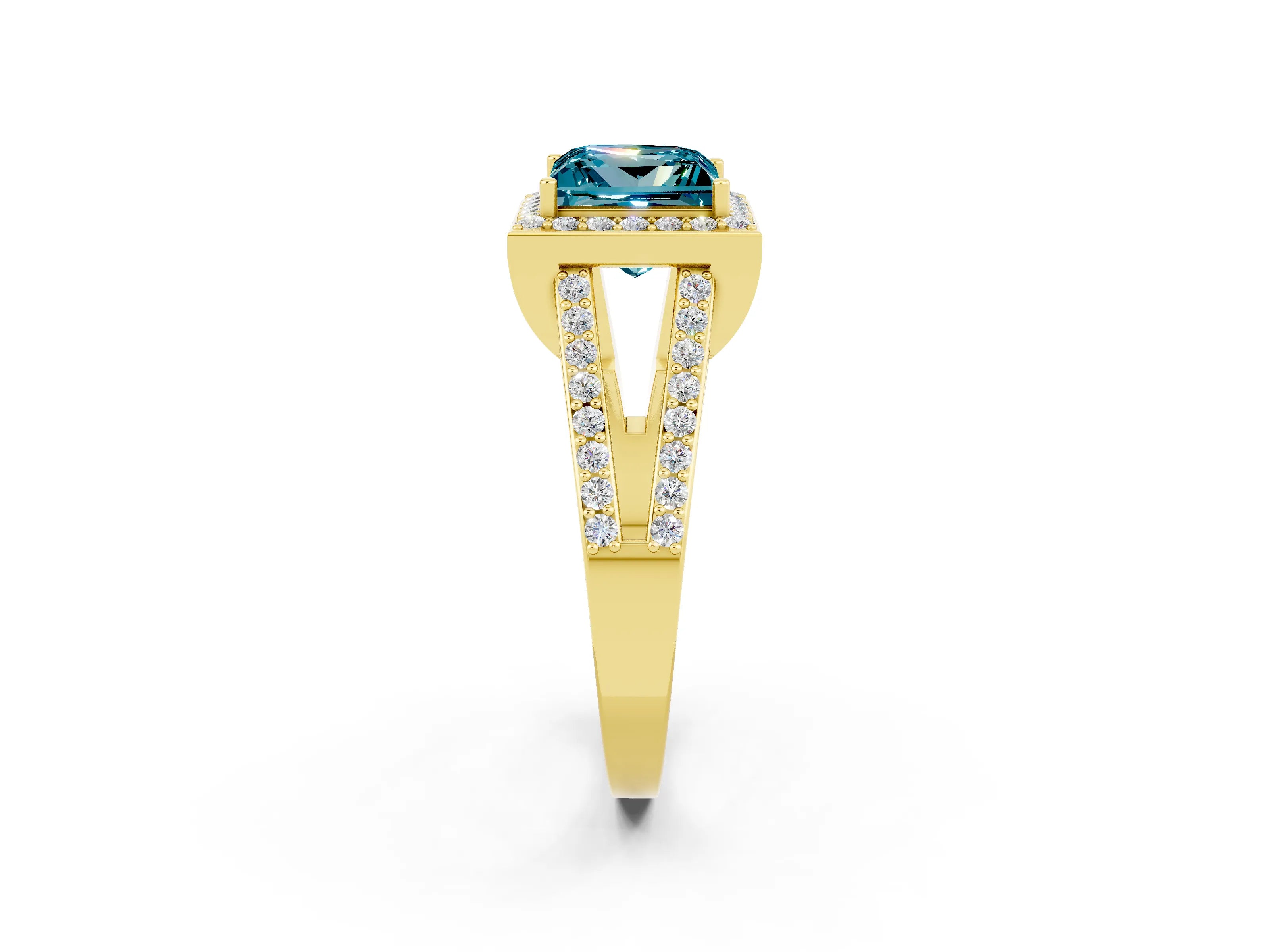 Yellow gold Princess Cut Blue Topaz Halo Ring with Split Shank U-Prong Band and Four-Prong Setting_2