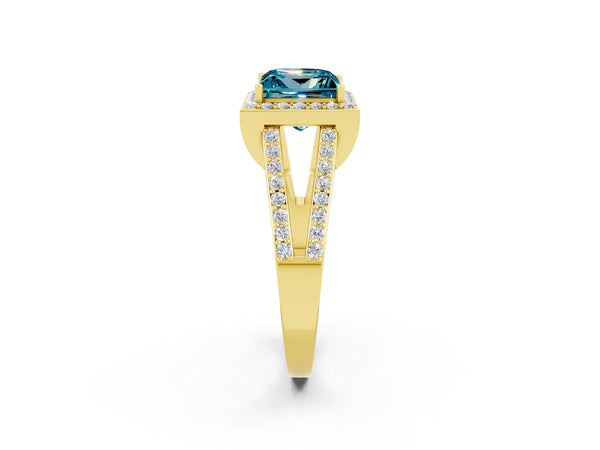 Yellow gold Princess Cut Blue Topaz Halo Ring with Split Shank U-Prong Band and Four-Prong Setting