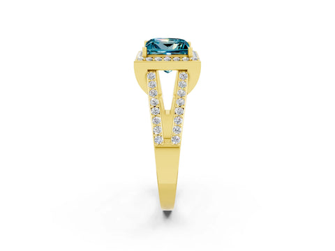 Yellow gold Princess Cut Blue Topaz Halo Ring with Split Shank U-Prong Band and Four-Prong Setting_2