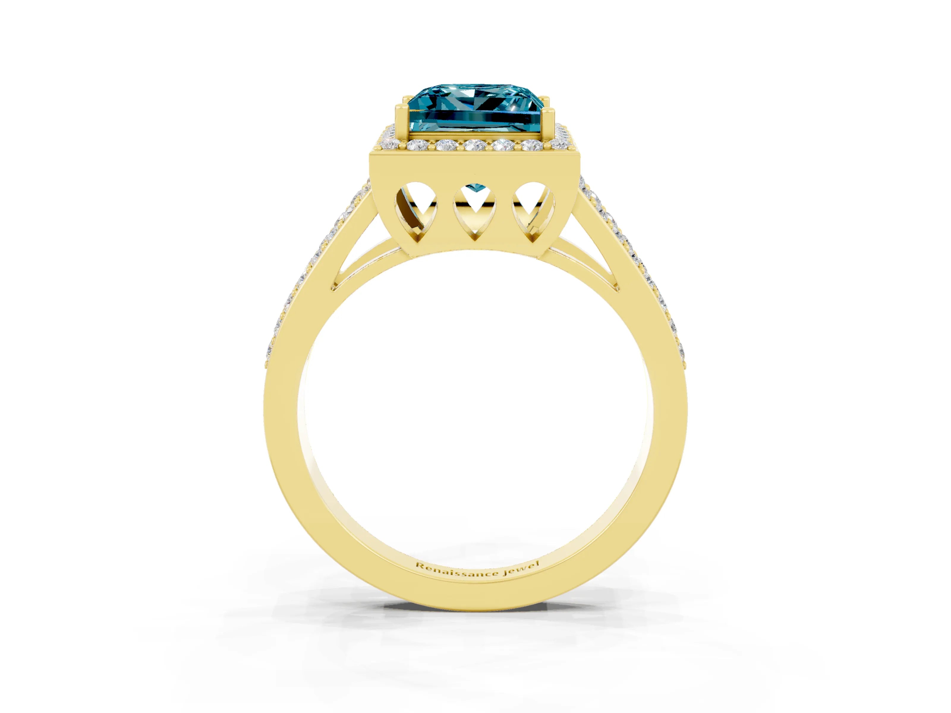 Yellow gold Princess Cut Blue Topaz Halo Ring with Split Shank U-Prong Band and Four-Prong Setting_3