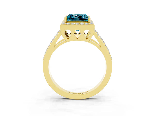 Yellow gold Princess Cut Blue Topaz Halo Ring with Split Shank U-Prong Band and Four-Prong Setting