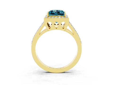 Yellow gold Princess Cut Blue Topaz Halo Ring with Split Shank U-Prong Band and Four-Prong Setting_3