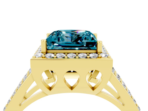 Yellow gold Princess Cut Blue Topaz Halo Ring with Split Shank U-Prong Band and Four-Prong Setting_4