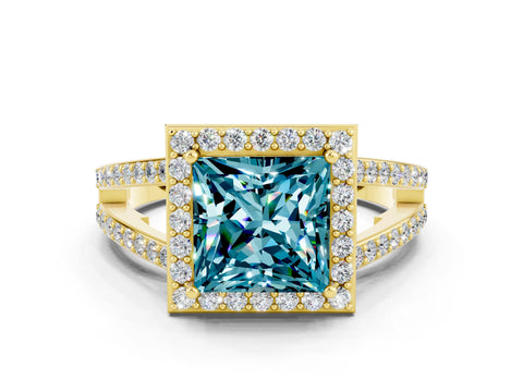 Yellow gold Princess Cut Blue Topaz Halo Ring with Split Shank U-Prong Band and Four-Prong Setting