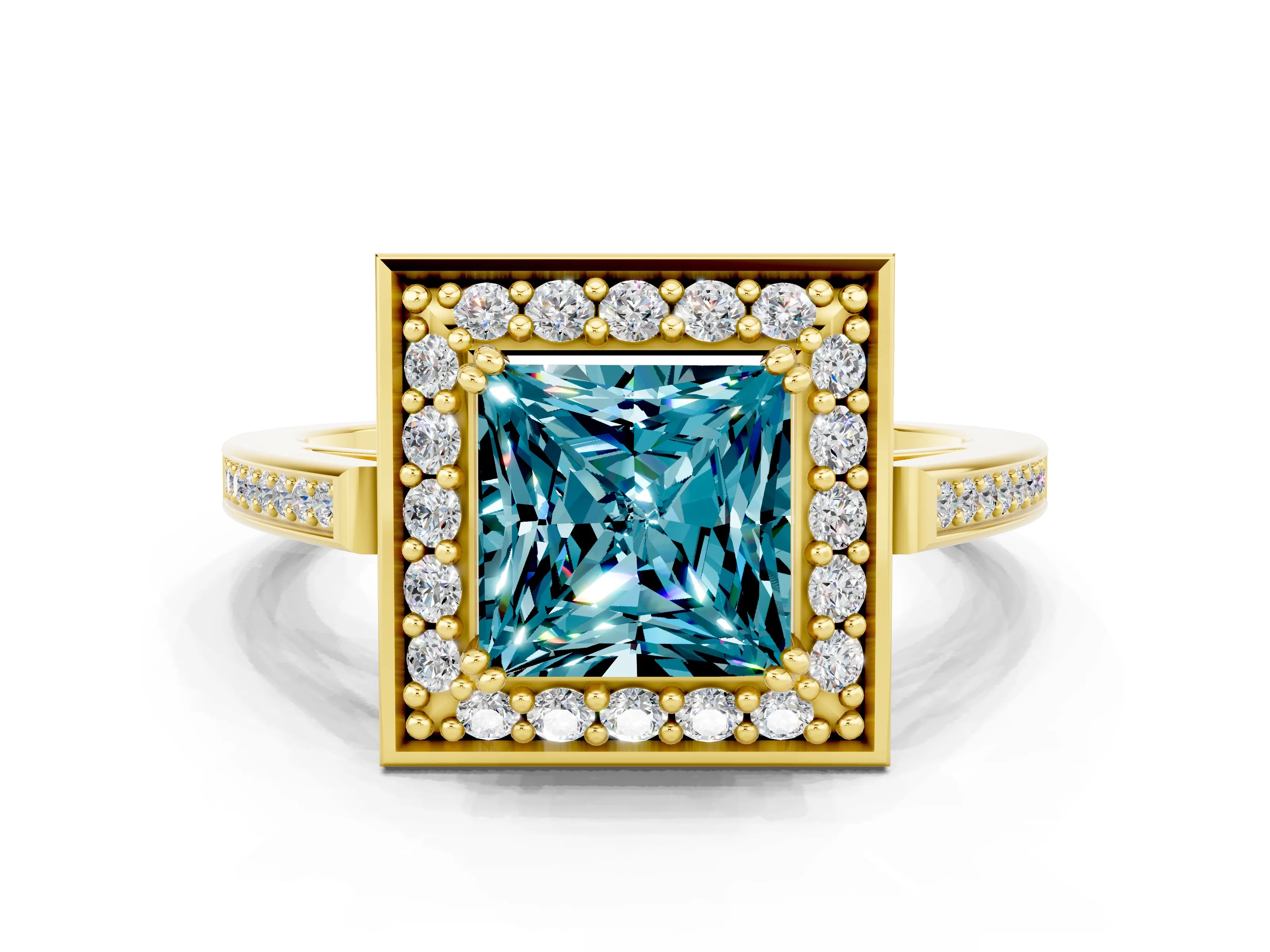 Yellow gold Princess Cut Blue Topaz Halo Ring with Split Shank and Four-Prong Setting