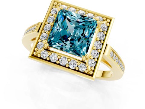 Yellow gold Princess Cut Blue Topaz Halo Ring with Split Shank and Four-Prong Setting_1