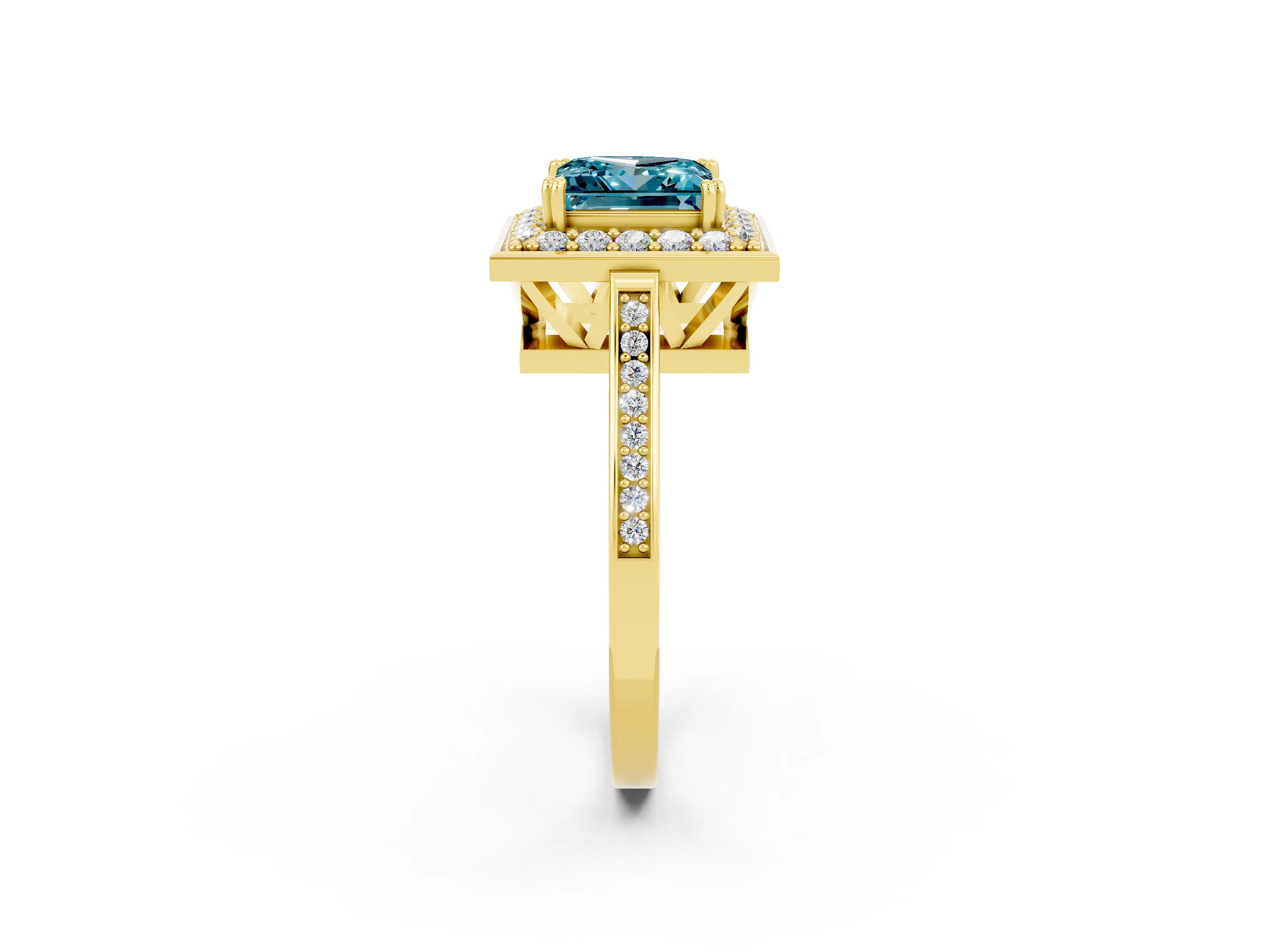 Yellow gold Princess Cut Blue Topaz Halo Ring with Split Shank and Four-Prong Setting_2