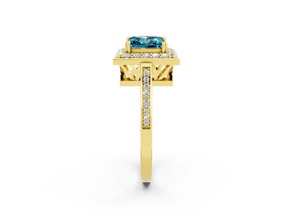 Yellow gold Princess Cut Blue Topaz Halo Ring with Split Shank and Four-Prong Setting