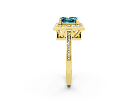 Yellow gold Princess Cut Blue Topaz Halo Ring with Split Shank and Four-Prong Setting_2