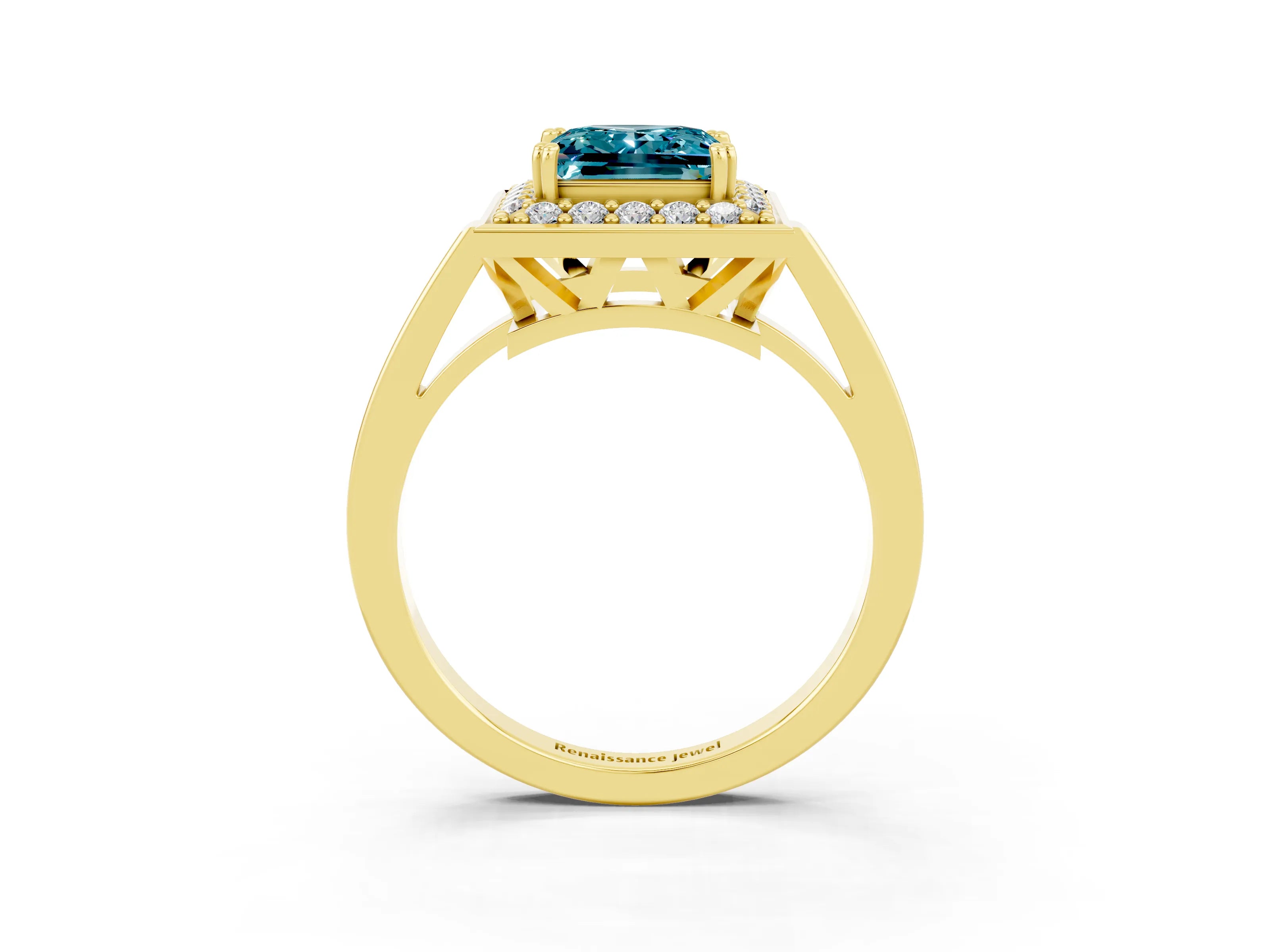 Yellow gold Princess Cut Blue Topaz Halo Ring with Split Shank and Four-Prong Setting_3